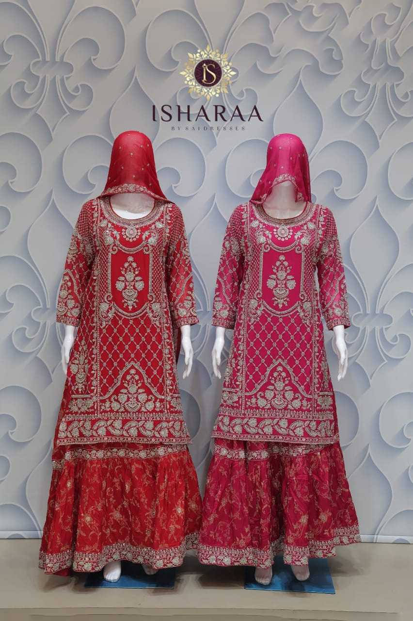 PURE CHINON HEAVY TRADITIONAL EMBROIDERED DEEP RED & HOT PINK KURTI SHARARA SET WITH RICH FLARED BOTTOM