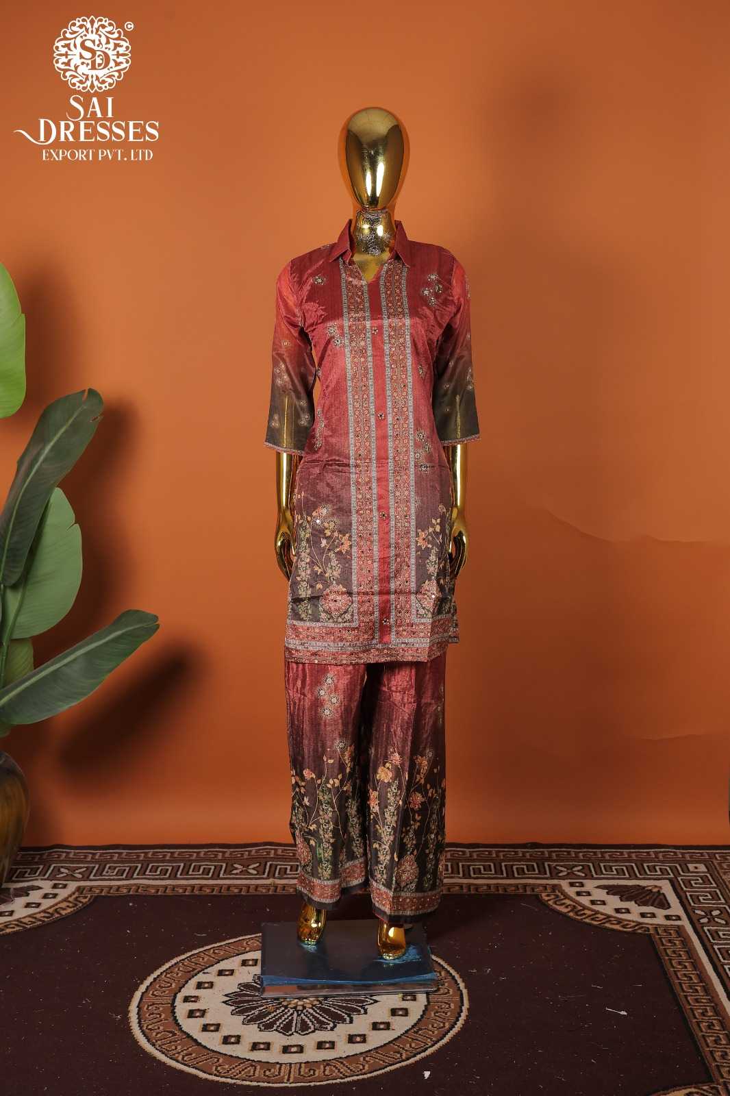 PURE CHINON RED BLACK  KURTI PANT SET WITH RICH DESIGNER WORK AND TRADITIONAL MOTIFS