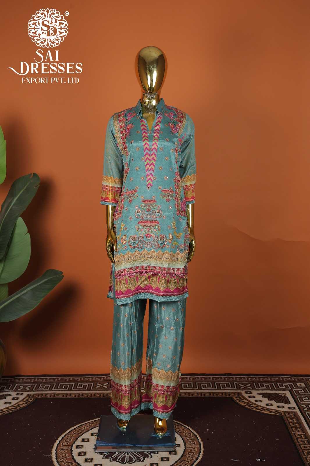PURE CHINON TEAL BLUE  KURTI PANT SET FEATURING ELEGANT TRADITIONAL WORK