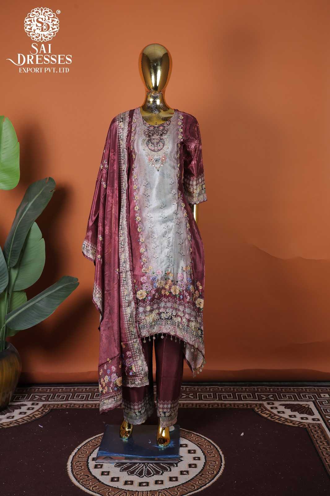 PURE CHINON WINE MAROON KURTI SET WITH SILVER GREY PANEL AND INTRICATE HAND WORK