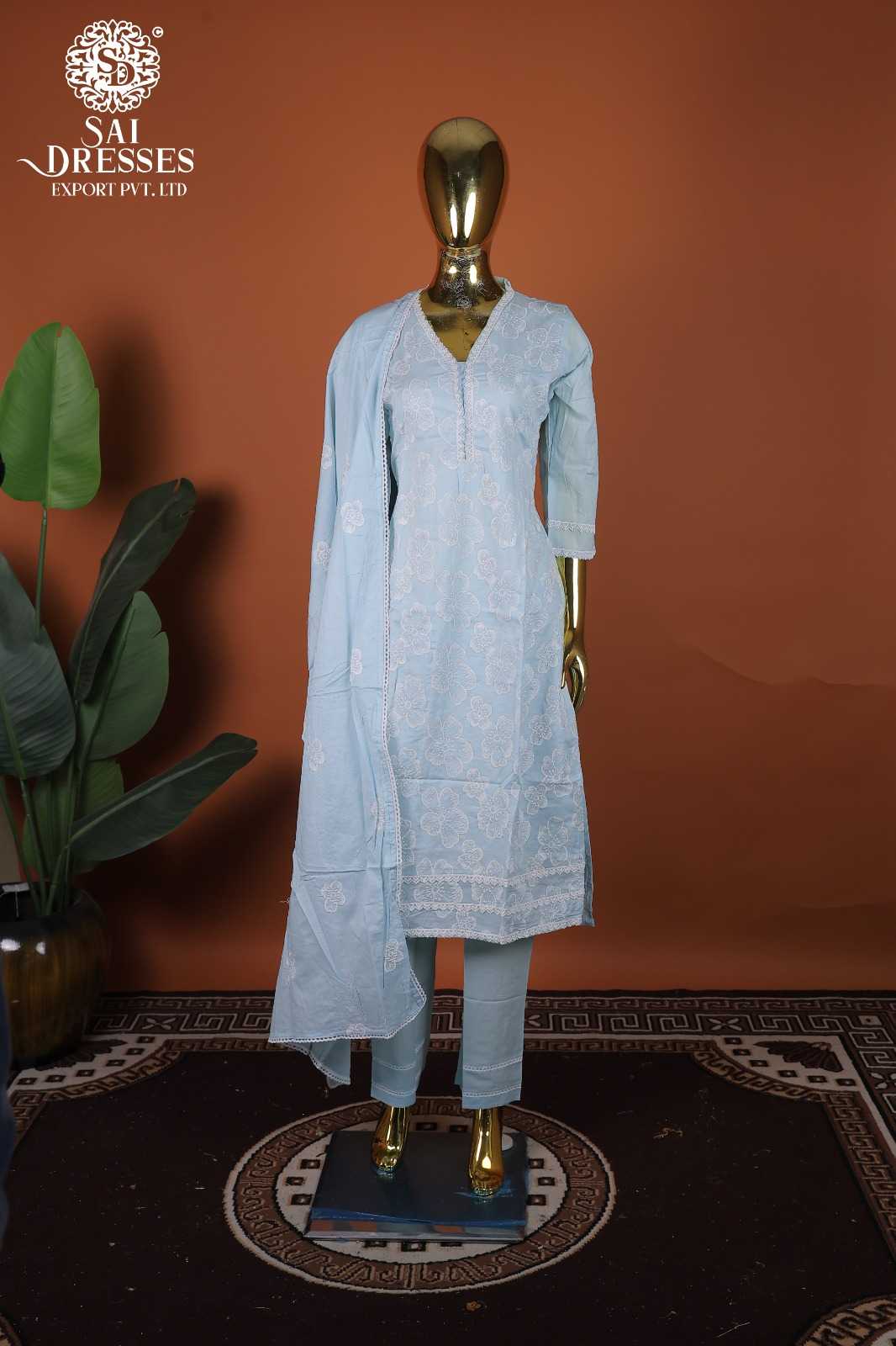 PURE COTTON HEAVY EMBROIDERY SALWAR SUIT SET IN POWDER BLUE