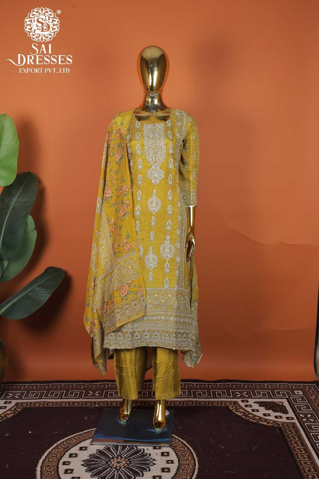 PURE CRUSH SHIMMER HEAVY HANDWORK EMBROIDERED SALWAR SUIT SET IN MUSTARD YELLOW