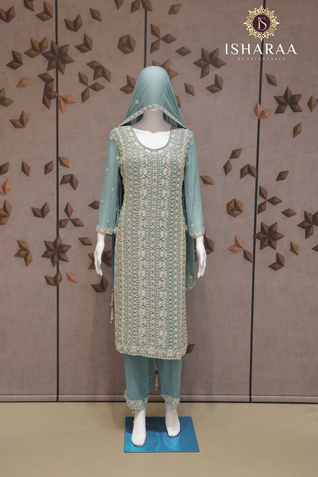 PURE GEORGETTE SEA GREEN HEAVY ALL-OVER EMBROIDERED STRAIGHT KURTI SET WITH MATCHING PANTS AND DUPATTA