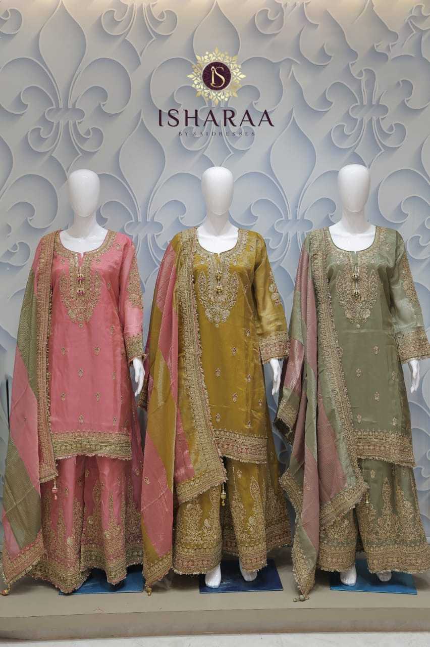 PURE HEAVY SHIMMER LUXURY EMBROIDERED BLUSH PINK, ANTIQUE GOLD & OLIVE GREEN KURTI PANT SET WITH RICH DUPATTA