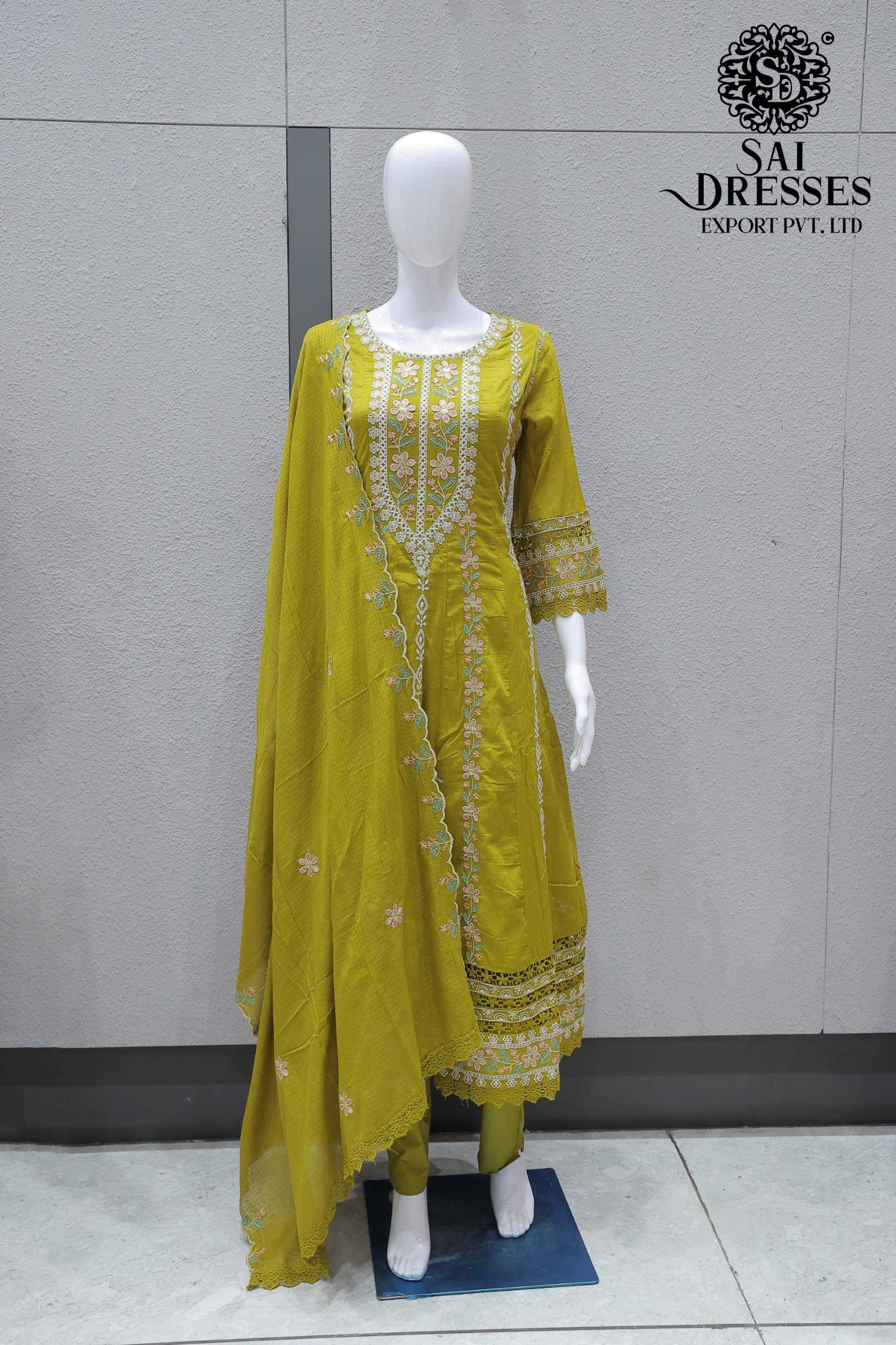 PURE MAL COTTON HEAVY EMBROIDERY WORK SUIT WITH DUPATTA – MUSTARD GREEN