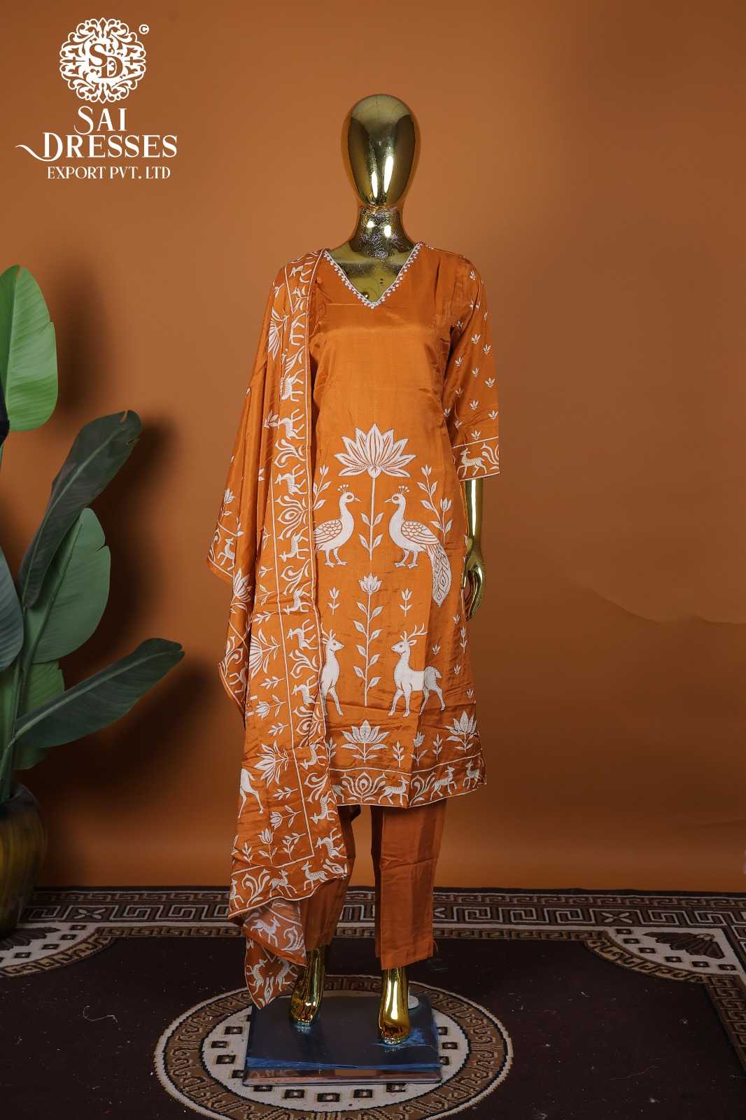 PURE MASLIN HEAVY HANDWORK KURTI PANT DUPATTA SET – RUST ORANGE WHITE PRINT