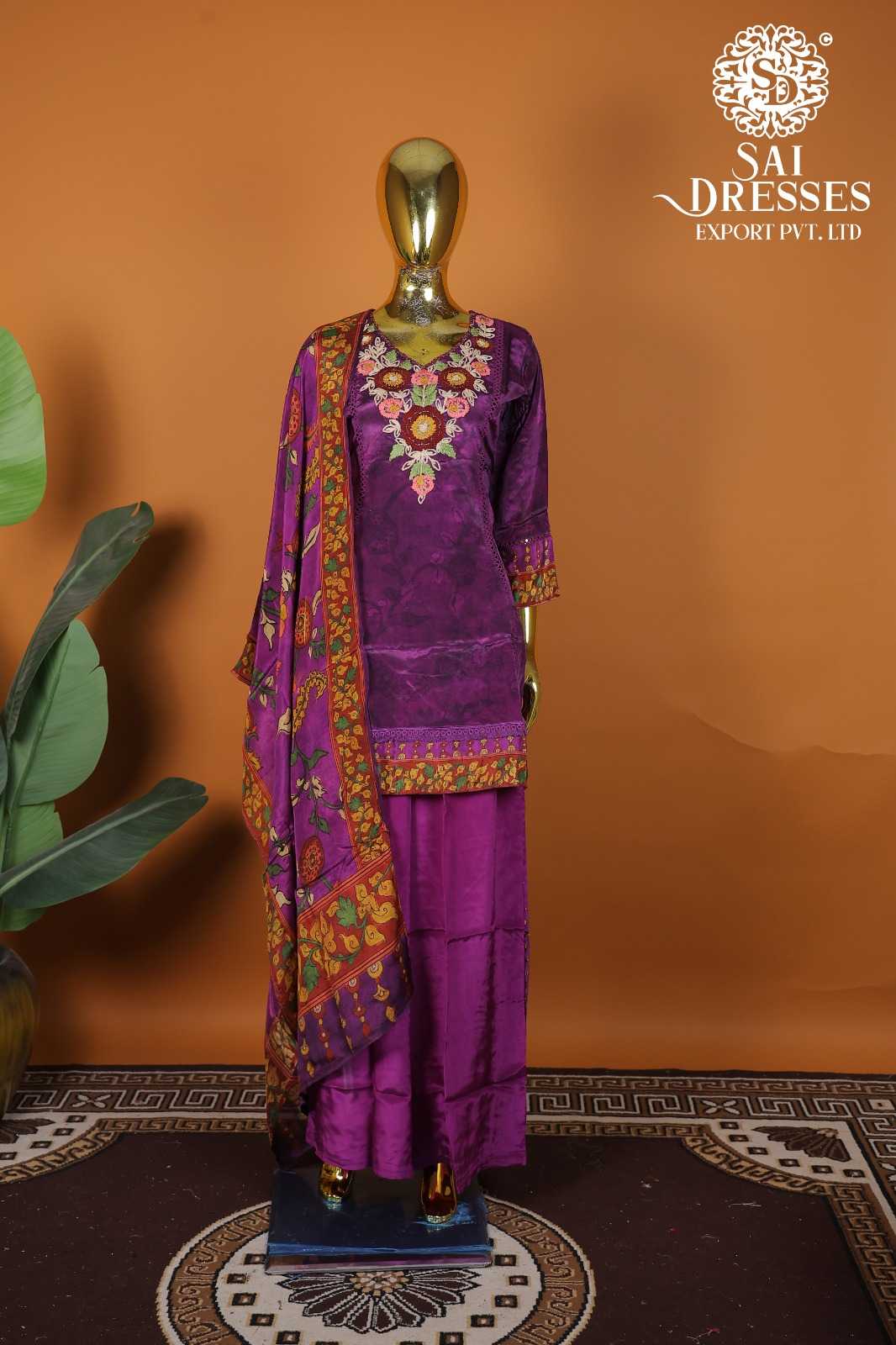 PURE NATURAL CREPE HEAVY EMBROIDERY WORK KURTI PANT DUPATTA SET