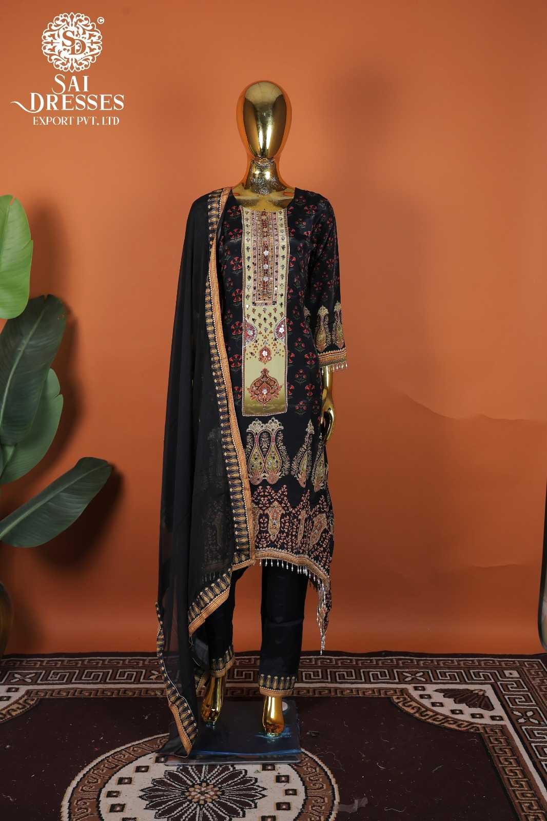 PURE NATURAL CREPE HEAVY HANDWORK EMBROIDERED SALWAR SUIT SET IN CLASSIC BLACK