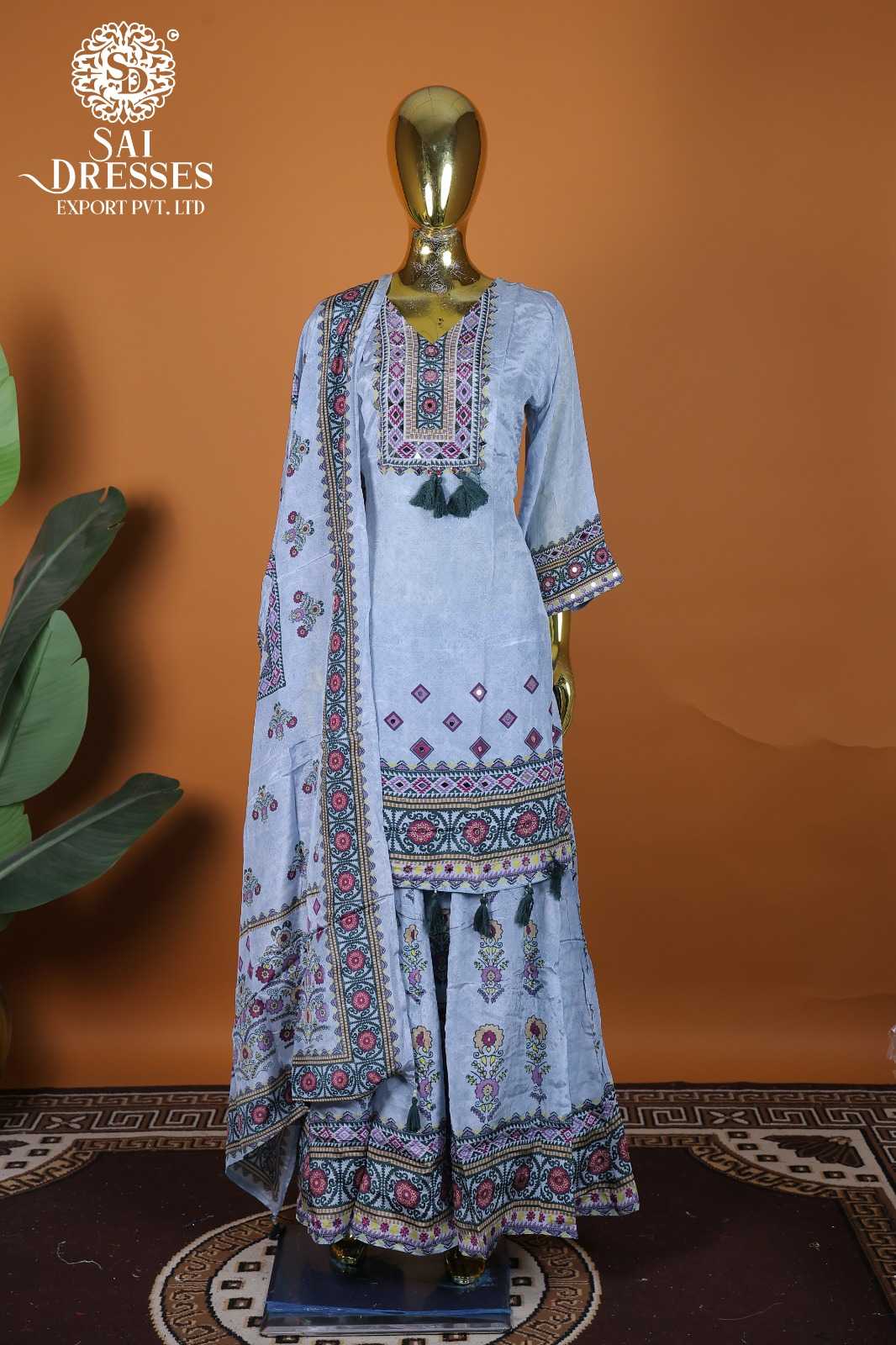 PURE NATURAL CREPE HEAVY MIRROR WORK KURTI PANT DUPATTA SET IN SKY COLOUR 