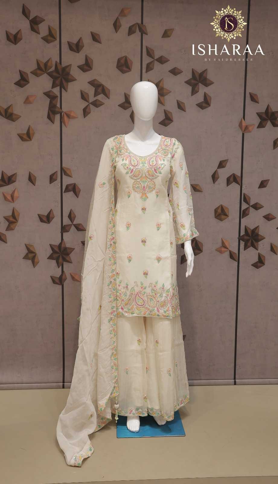 PURE ORGANZA IVORY WHITE HEAVY MULTI EMBROIDERED STRAIGHT KURTI SET WITH SHARARA AND MATCHING DUPATTA