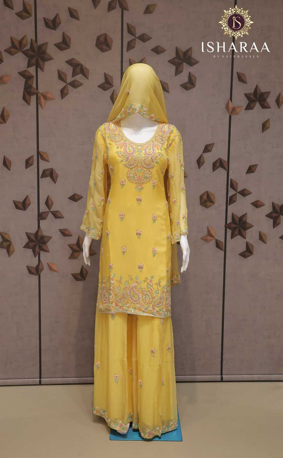 PURE ORGANZA MUSTARD YELLOW HEAVY EMBROIDERED STRAIGHT KURTI SET WITH SHARARA AND MATCHING DUPATTA