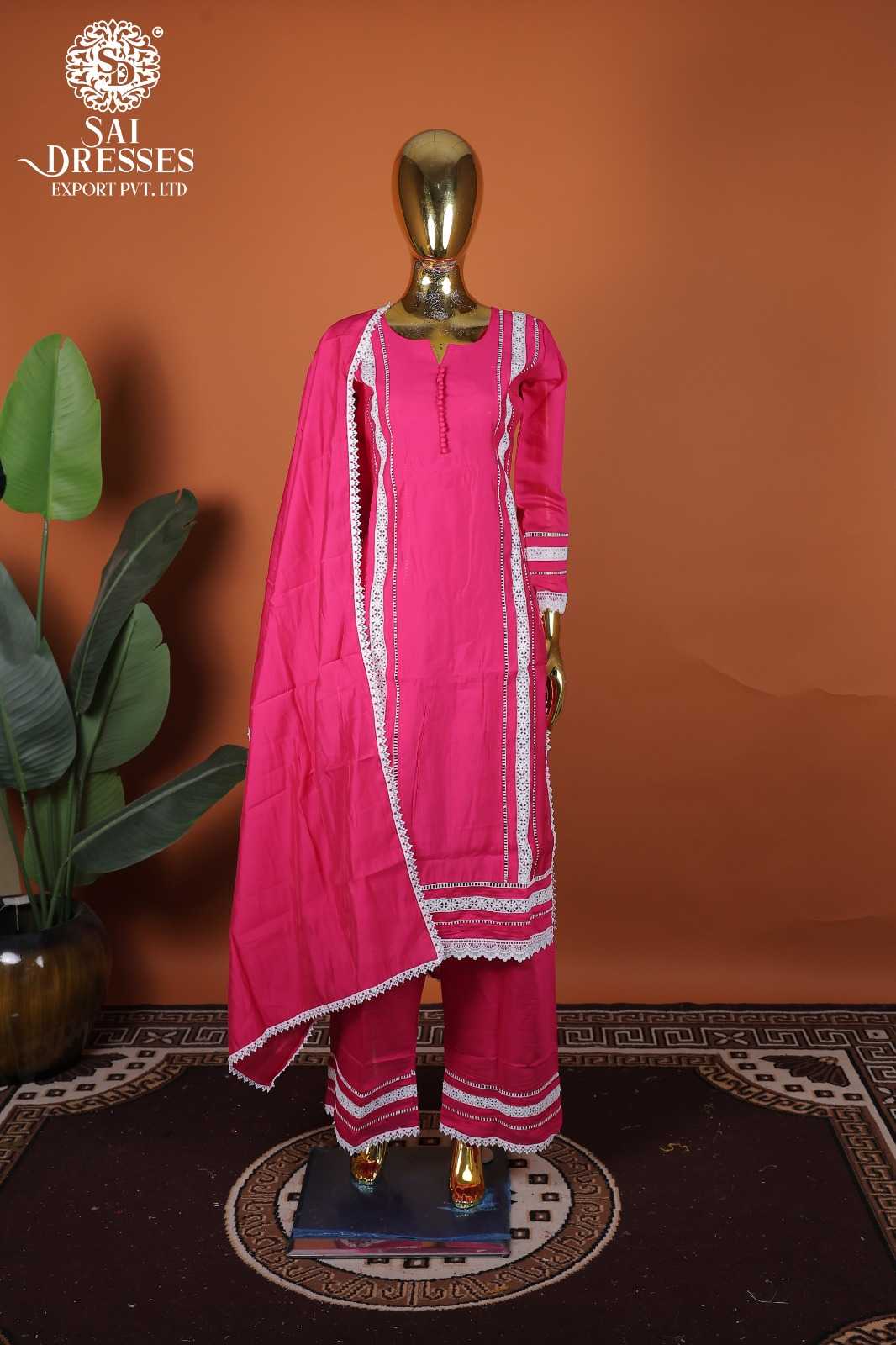 PURE ROMAN SILK GPO LACES EMBELLISHED SALWAR SUIT SET IN HOT PINK