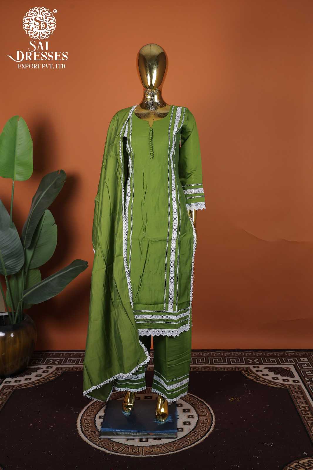 PURE ROMAN SILK GPO LACES EMBELLISHED SALWAR SUIT SET IN OLIVE GREEN