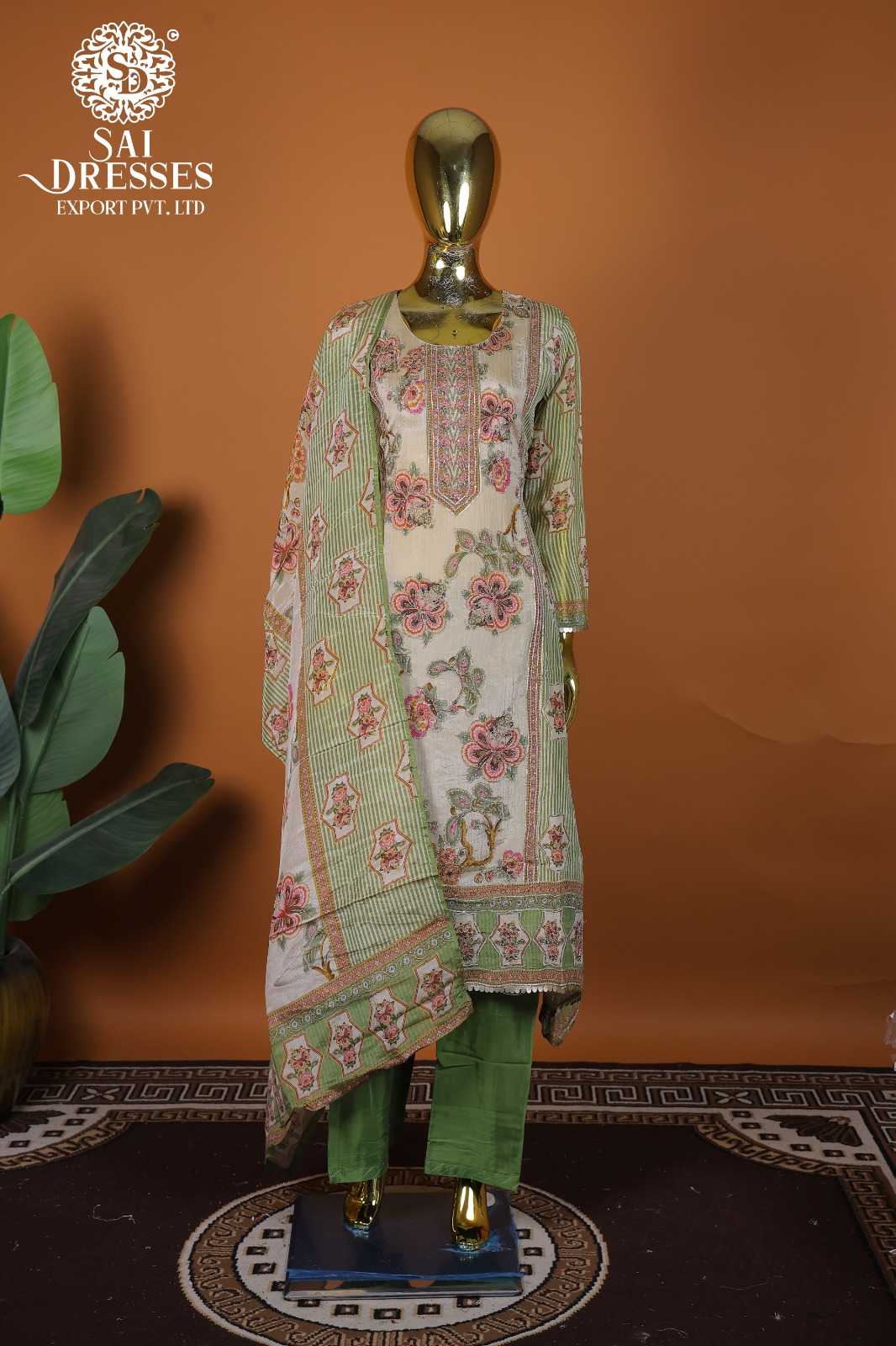 PURE SHIMMER CRUSH HEAVY WORK KURTI PANT DUPATTA SET – CREAM LIGHT GREEN MULTICOLOR