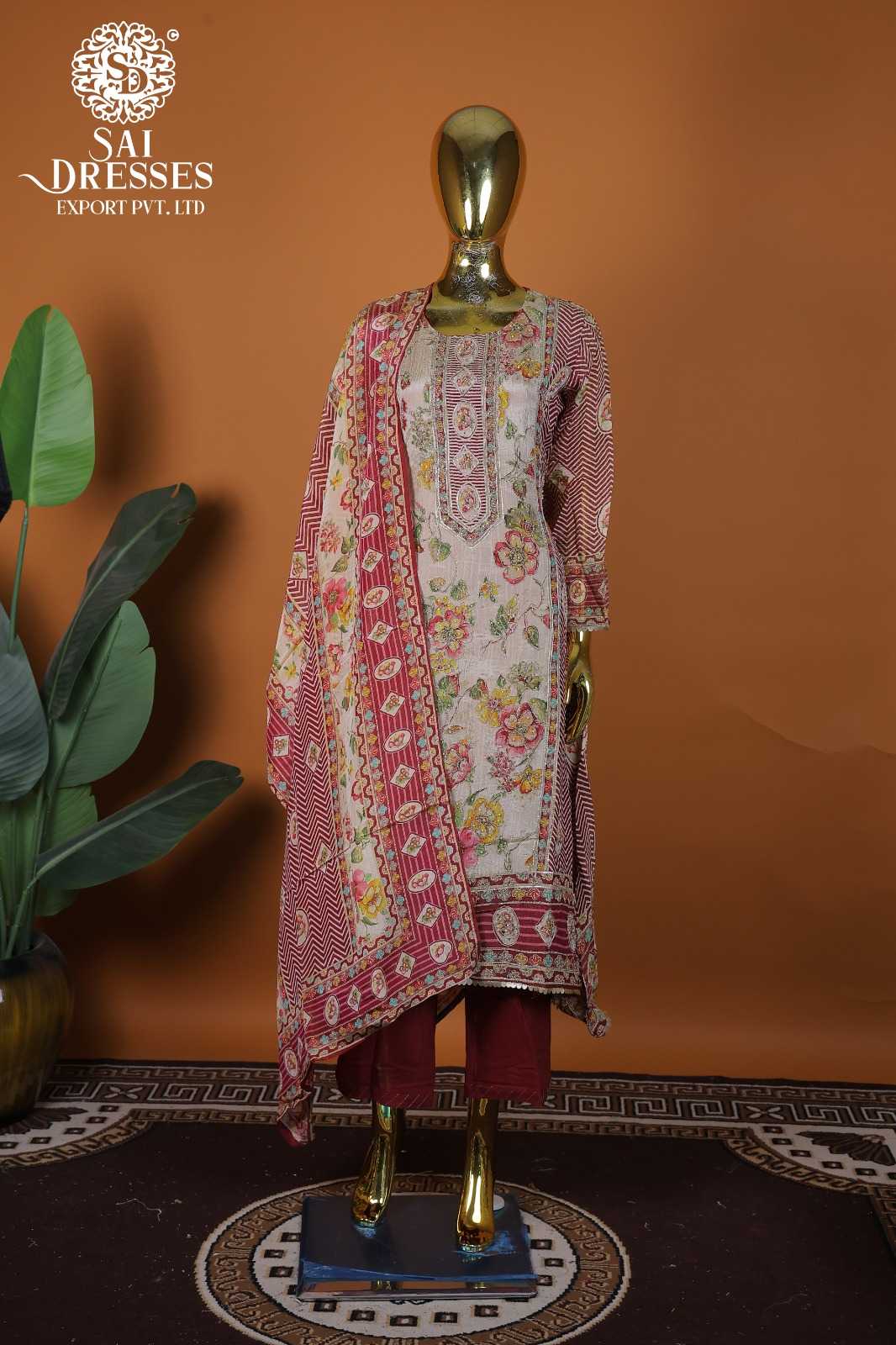 PURE SHIMMER CRUSH HEAVY WORK KURTI PANT DUPATTA SET – CREAM MAROON MULTICOLOR