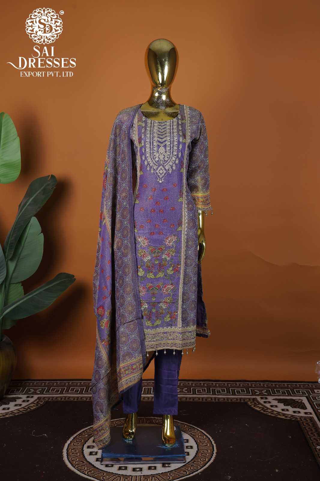 PURE SHIMMER CRUSH HEAVY WORK KURTI PANT DUPATTA SET – ROYAL PURPLE MULTICOLOR