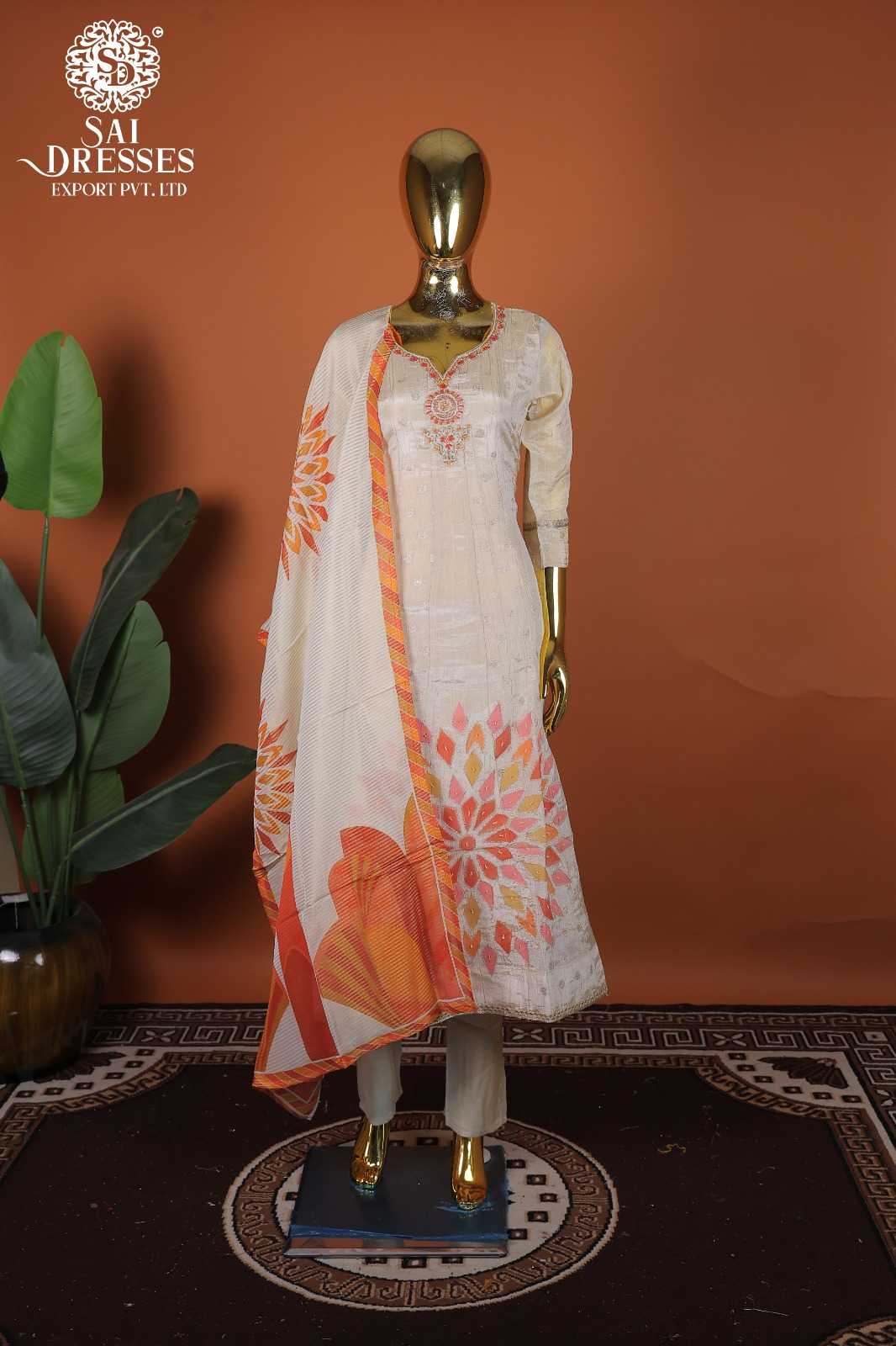 PURE SHIMMER HEAVY HANDWORK EMBROIDERED SALWAR SUIT SET IN OFF-WHITE WITH ORANGE ACCENTS