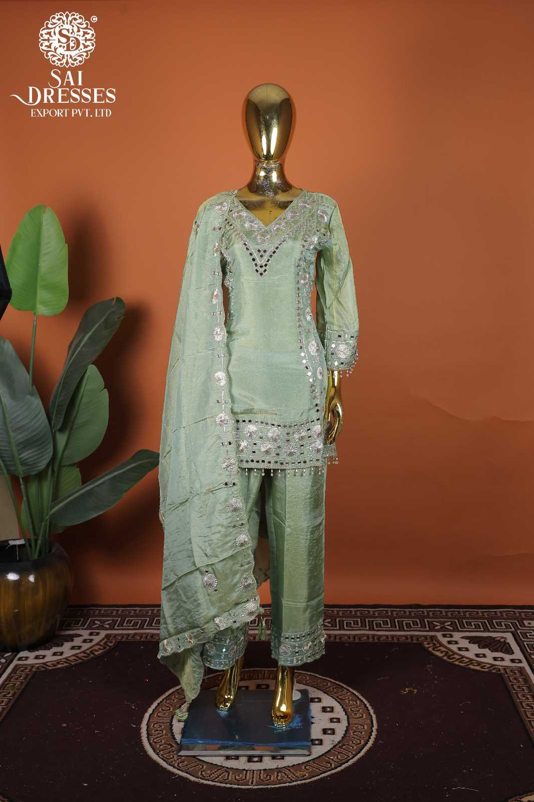 PURE SHIMMER HEAVY HANDWORK EMBROIDERED SALWAR SUIT SET IN PASTEL MINT GREEN 