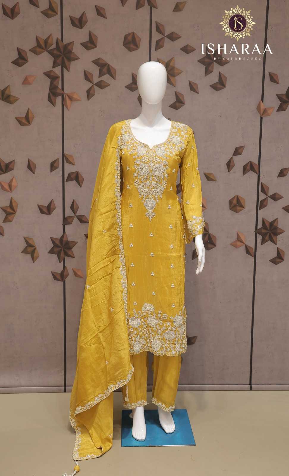 PURE SHIMMER MUSTARD GOLD HEAVY EMBROIDERED STRAIGHT KURTI SET WITH MATCHING PANTS AND DUPATTA