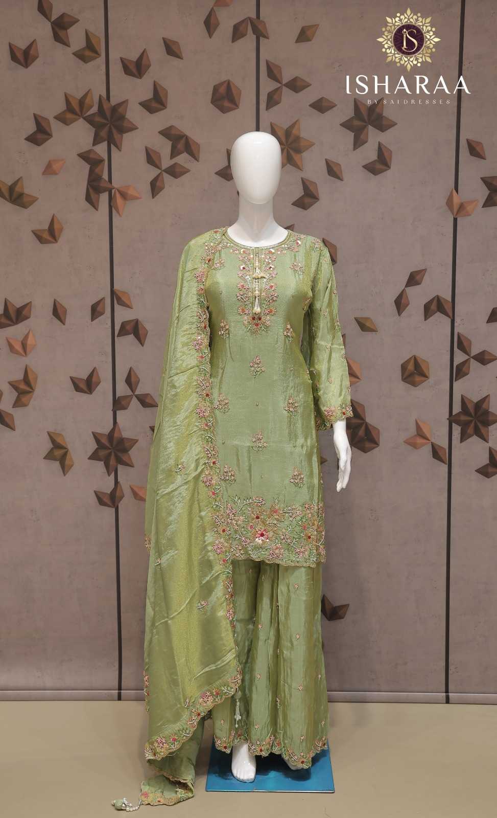 PURE SHIMMER PISTA GREEN HEAVY FLORAL EMBROIDERED STRAIGHT KURTI SET WITH SHARARA AND MATCHING DUPATTA