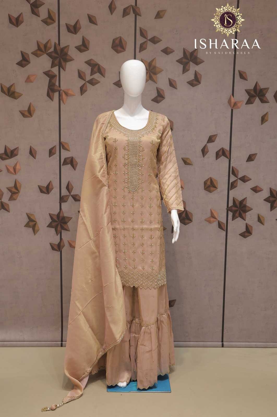 PURE SHIMMER ROSE BEIGE HEAVY ALL-OVER EMBROIDERED STRAIGHT KURTI SET WITH SHARARA AND MATCHING DUPATTA