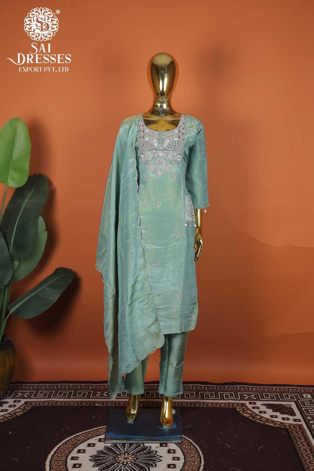 PURE SHIMMER SILK HEAVY HANDWORK EMBROIDERED SALWAR SUIT SET IN MINT GREEN
