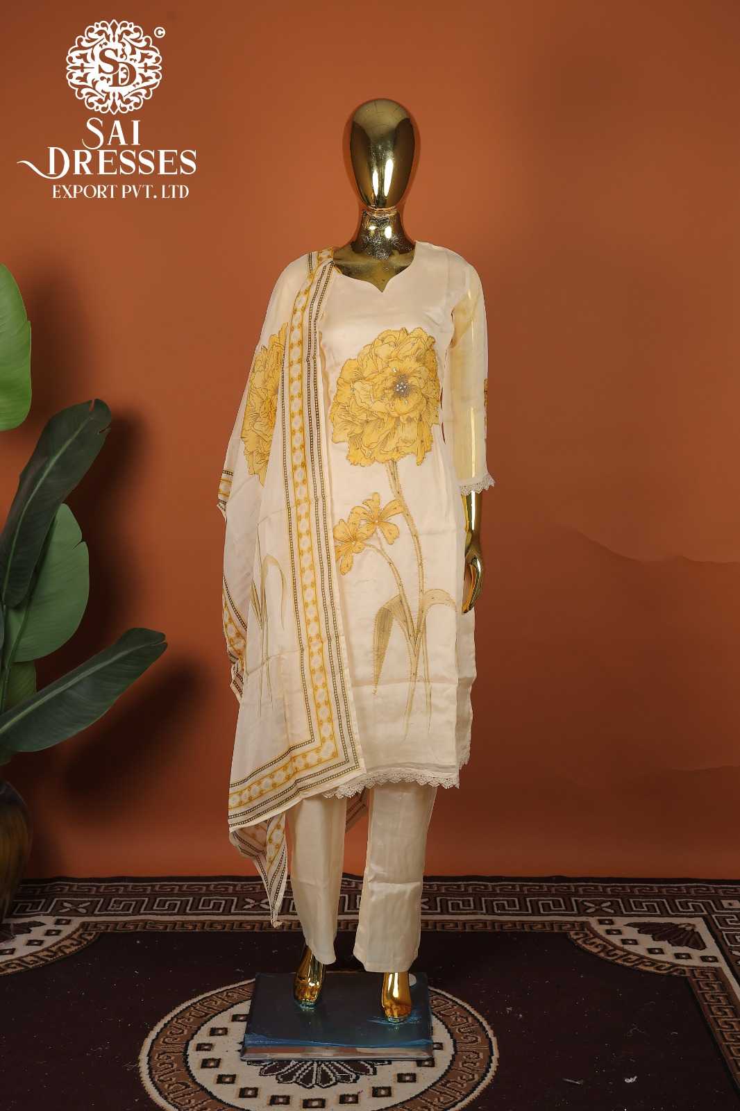 PURE SOFT ORGANZA OFF WHITE KURTI SET FEATURING MUSTARD YELLOW FLORAL HAND WORK