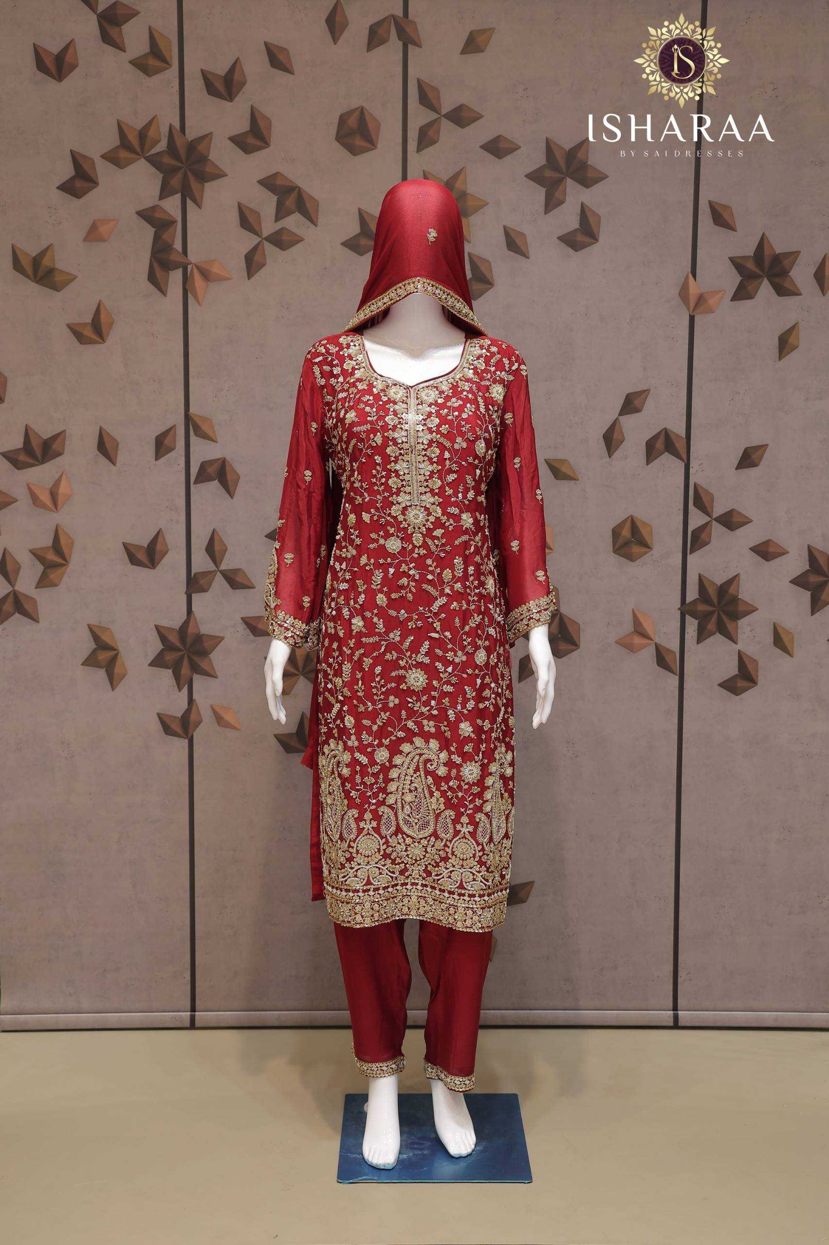PURE VISCOSE CHINON DEEP RED EMBROIDERED STRAIGHT KURTI SET WITH MATCHING PANTS AND DUPATTA