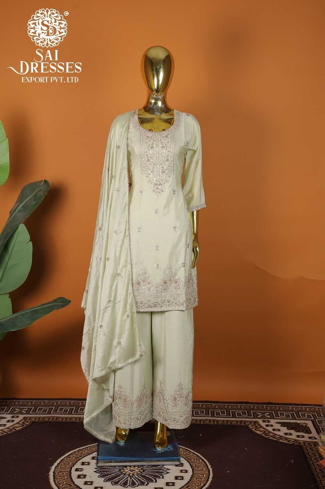 PURE VISCOSE CHINON HEAVY HAND EMBROIDERED KURTI PANT DUPATTA SET