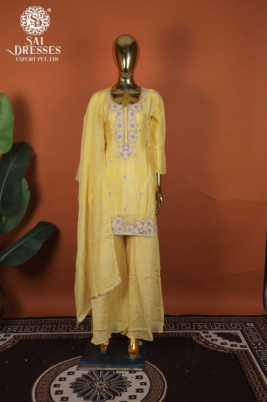 PURE VISCOSE CHINON HEAVY HANDWORK EMBROIDERED SALWAR SUIT SET IN LEMON YELLOW