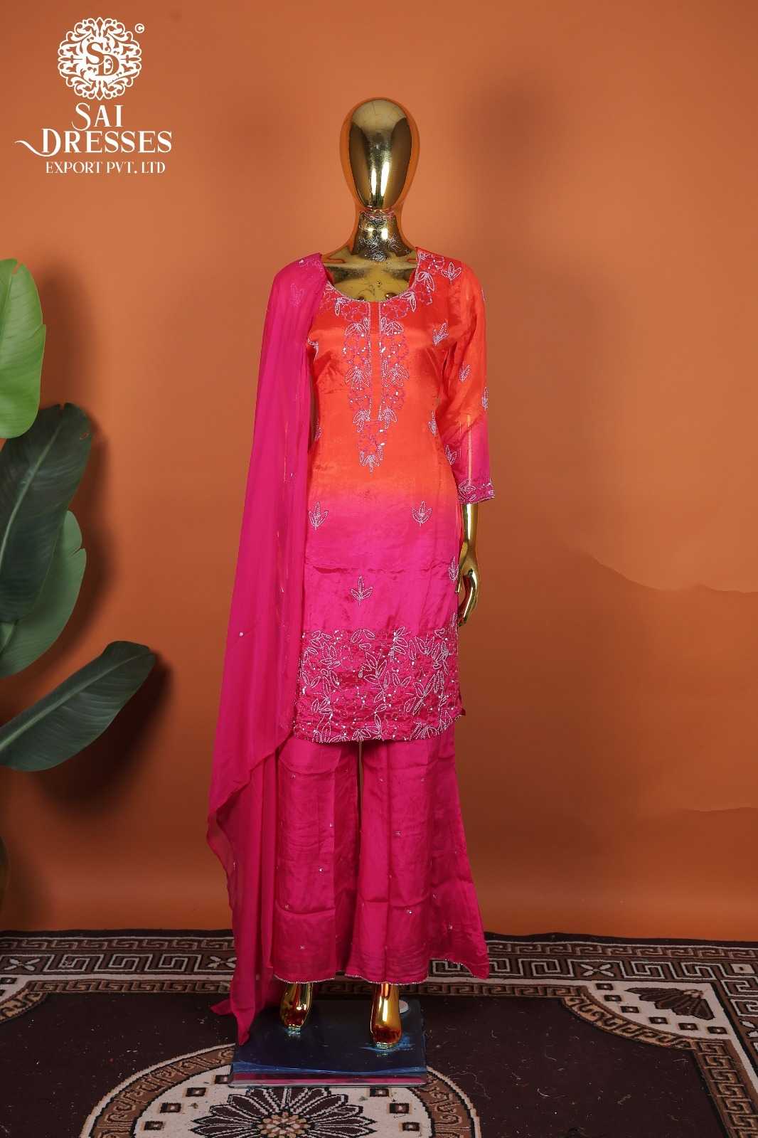 PURE VISCOSE CHINON OMBRE ORANGE TO HOT PINK HEAVY HAND WORK EMBROIDERED SALWAR SUIT WITH DUPATTA