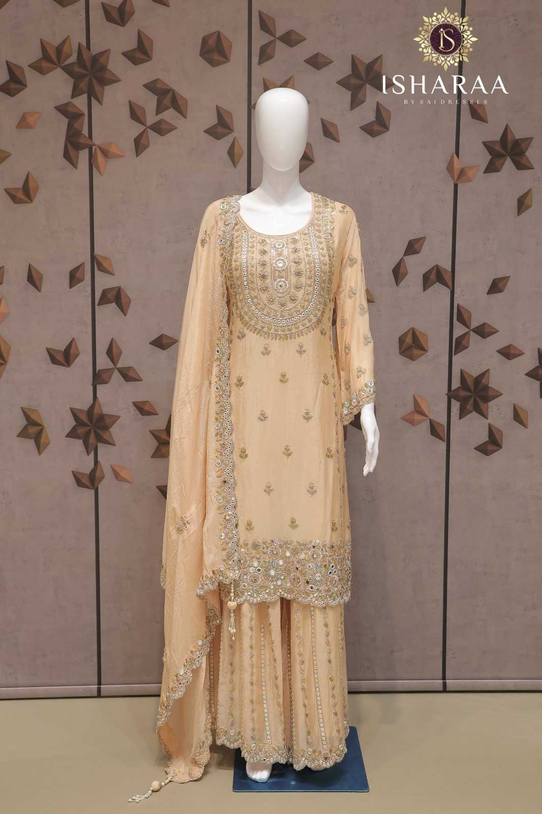 PURE VISCOSE CHINON PEACH BEIGE HEAVY EMBROIDERED STRAIGHT KURTI SET WITH SHARARA AND MATCHING DUPATTA