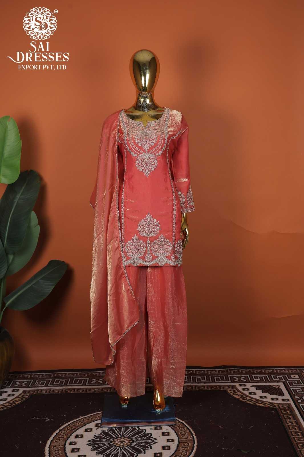 PURE VISCOSE FANCY HEAVY SEQUENCE AND HANDWORK EMBROIDERED SALWAR SUIT SET IN CORAL RED