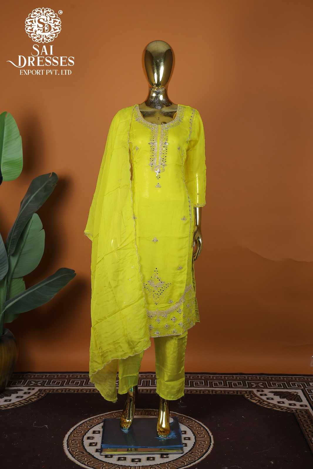 PURE VISCOSE ORGANZA HEAVY HANDWORK KURTI PANT DUPATTA SET – LIME YELLOW SILVER WORK