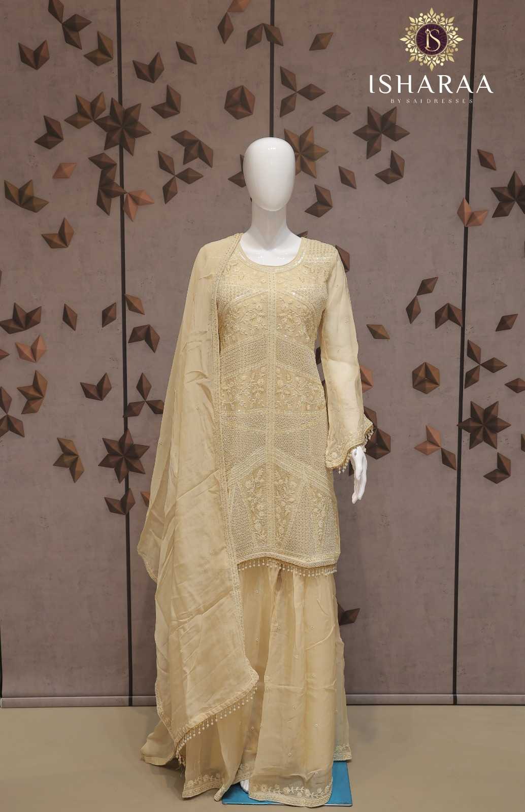 PURE VISCOSE ORGANZA SOFT CREAM HEAVY ALL-OVER EMBROIDERED STRAIGHT KURTI SET WITH MATCHING PANTS AND DUPATTA