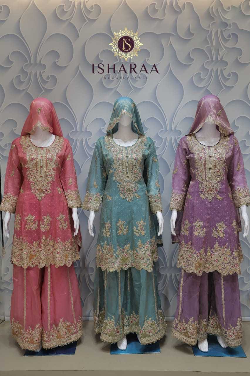 PURE VISCOSE SHIMMER HEAVY EMBROIDERED ROSE PINK, TEAL GREEN & MAUVE PURPLE KURTI SHARARA SET WITH MATCHING DUPATTA