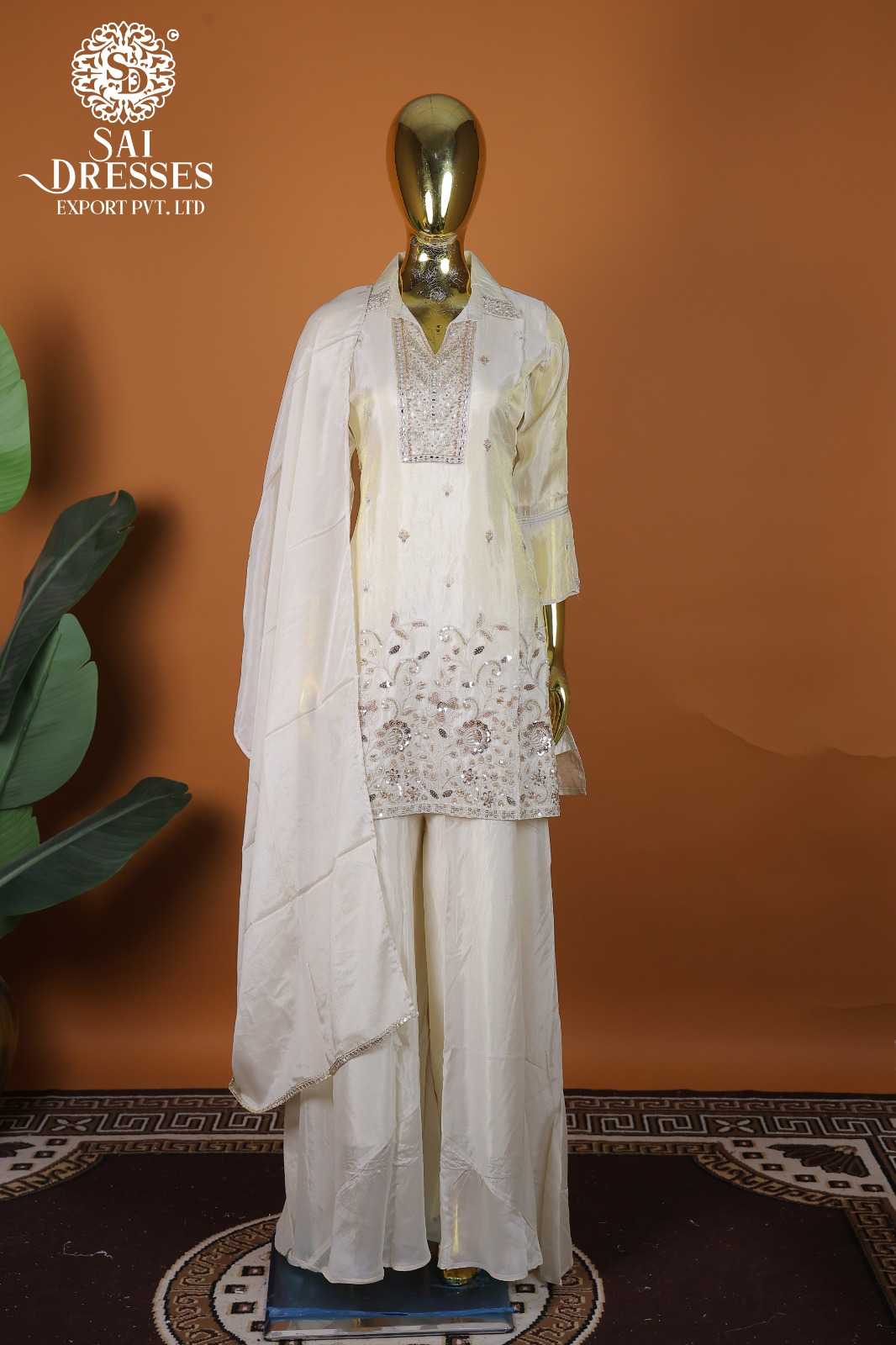 PURE VISCOSE SHIMMER HEAVY HANDWORK KURTI PANT DUPATTA SET – IVORY SILVER WORK