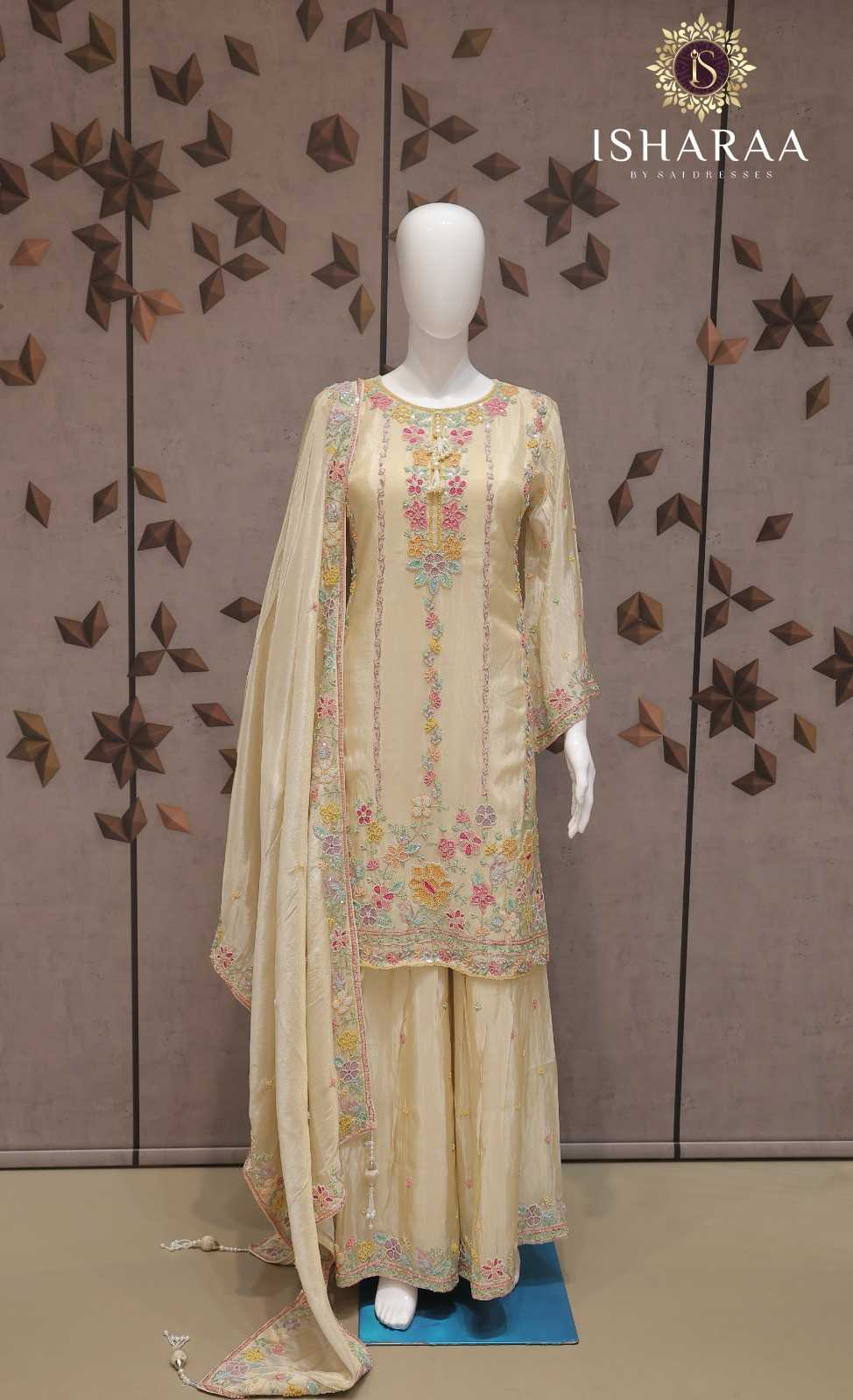 PURE VISCOSE SHIMMER IVORY CREAM HEAVY FLORAL EMBROIDERED STRAIGHT KURTI SET WITH SHARARA AND MATCHING DUPATTA
