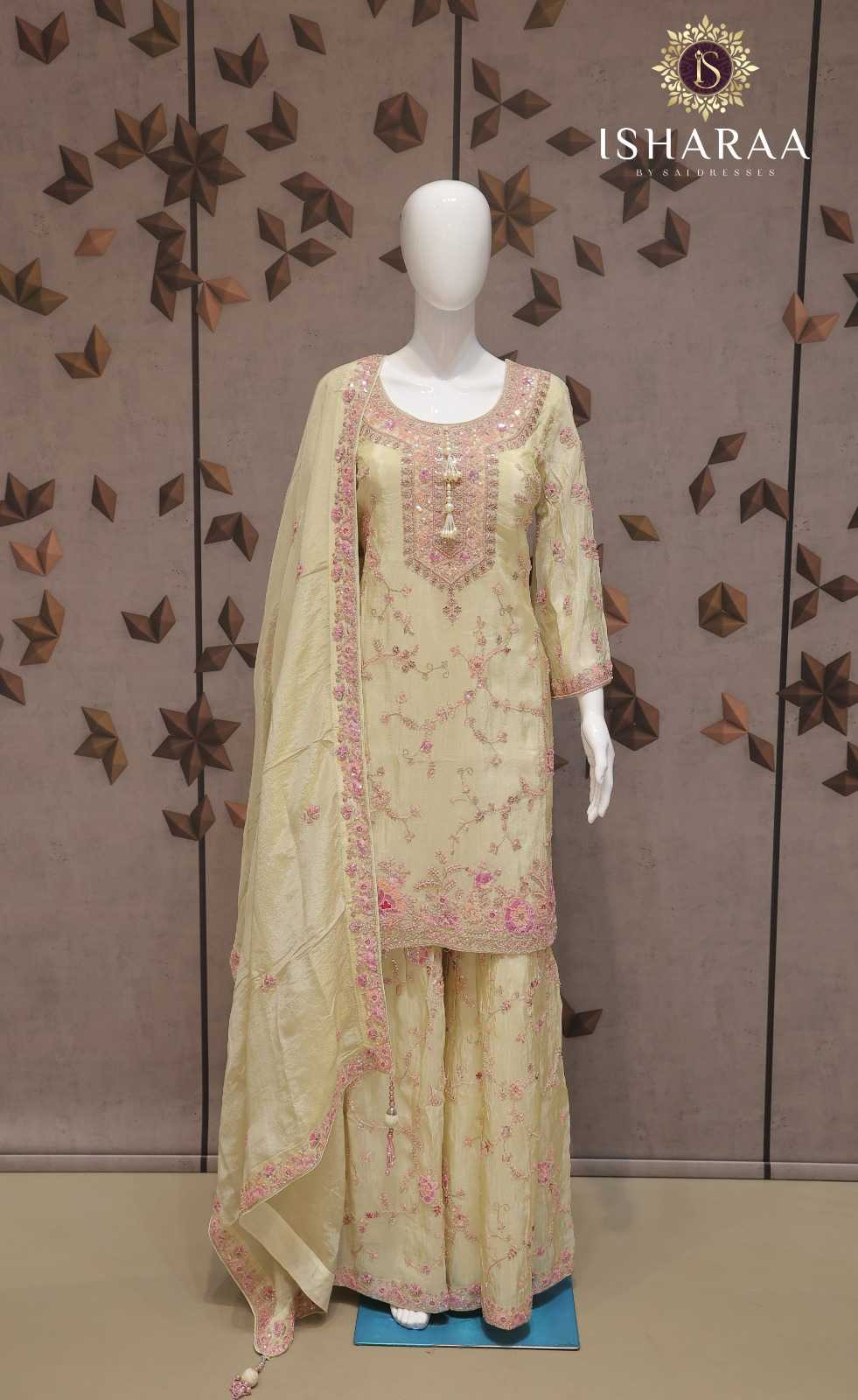 PURE VISCOSE SHIMMER OFF WHITE HEAVY FLORAL EMBROIDERED STRAIGHT KURTI SET WITH SHARARA AND MATCHING DUPATTA