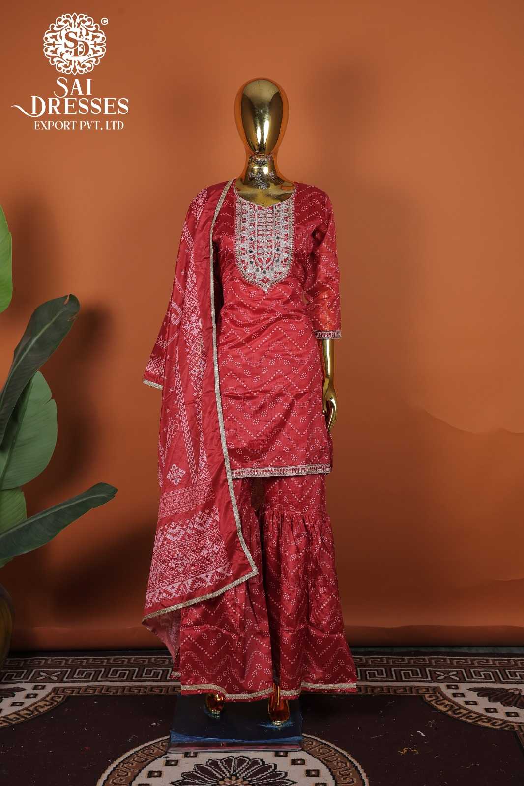 RED CHINON HAND WORK & SEQUENCE EMBROIDERED KURTI WITH SHARARA AND DUPATTA SET