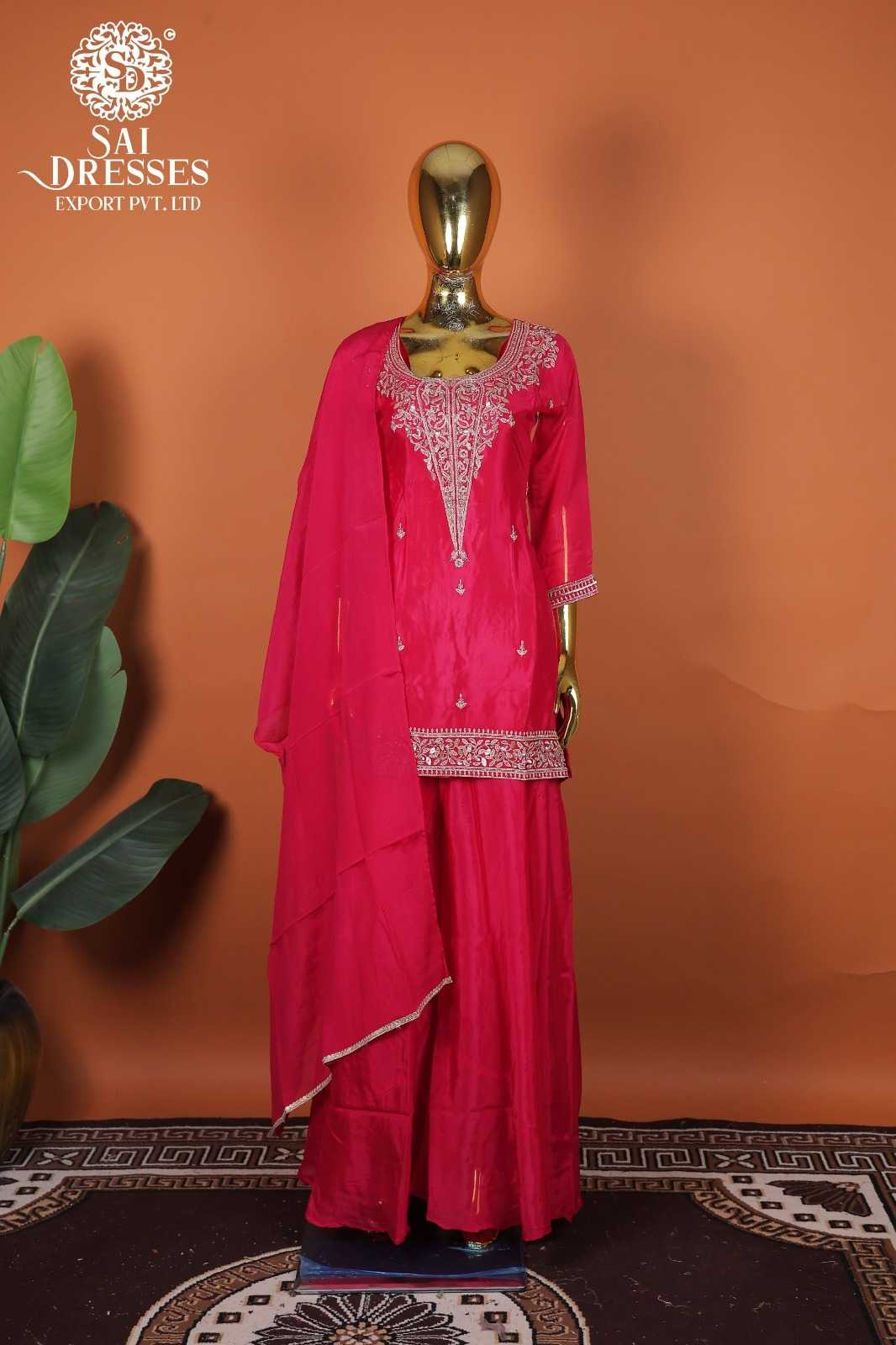 RICH RANI PINK COLOUR STUNNING PURE VISCOSE CHINON EMBROIDERED KURTI WITH MATCHING SHARARA & DUPATTA 