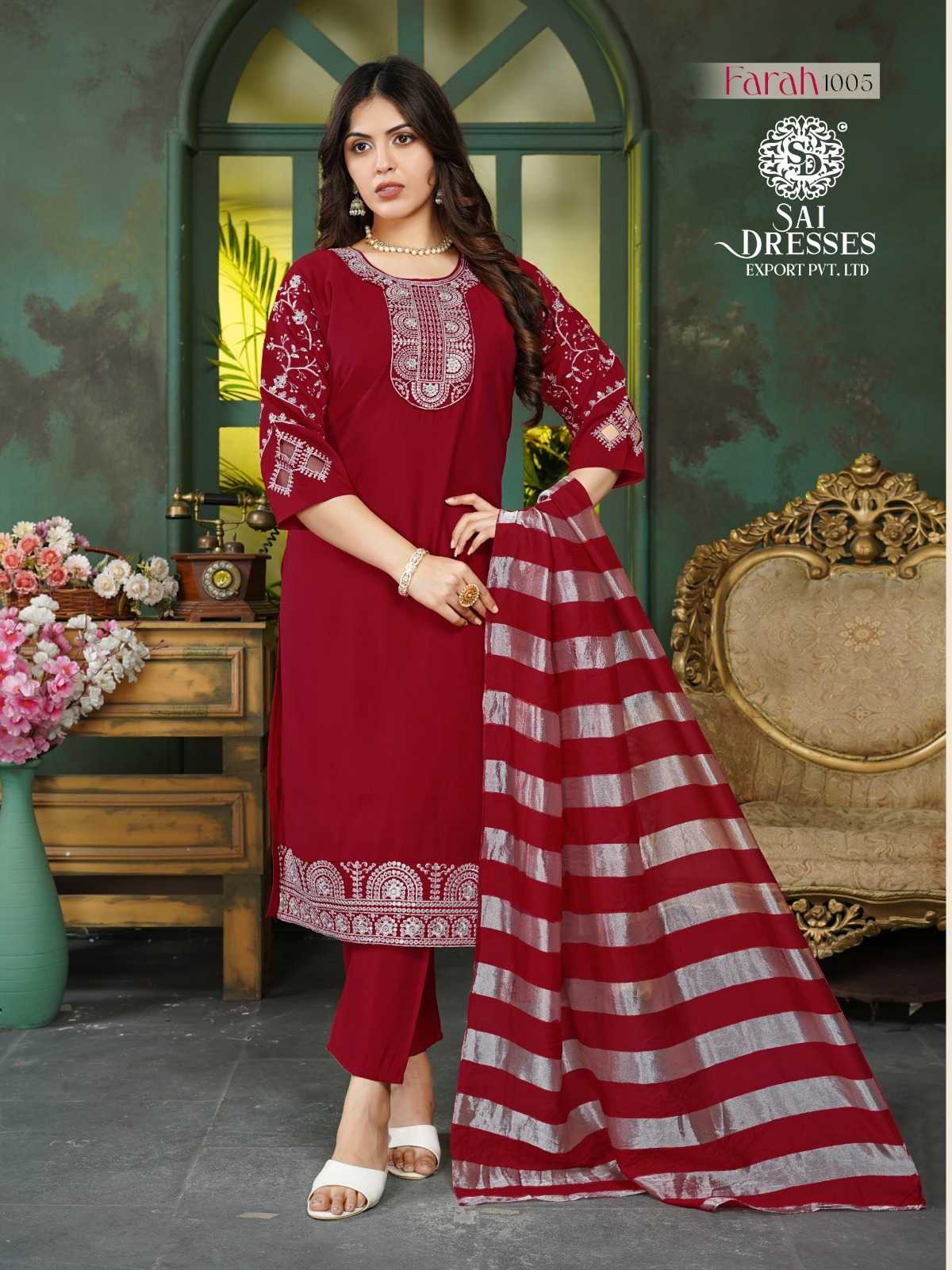 ROMAN SHIMMER MAROON KURTA SET WITH INTRICATE SEQUENCE WORK & CONTRAST STRIPED DUPATTA