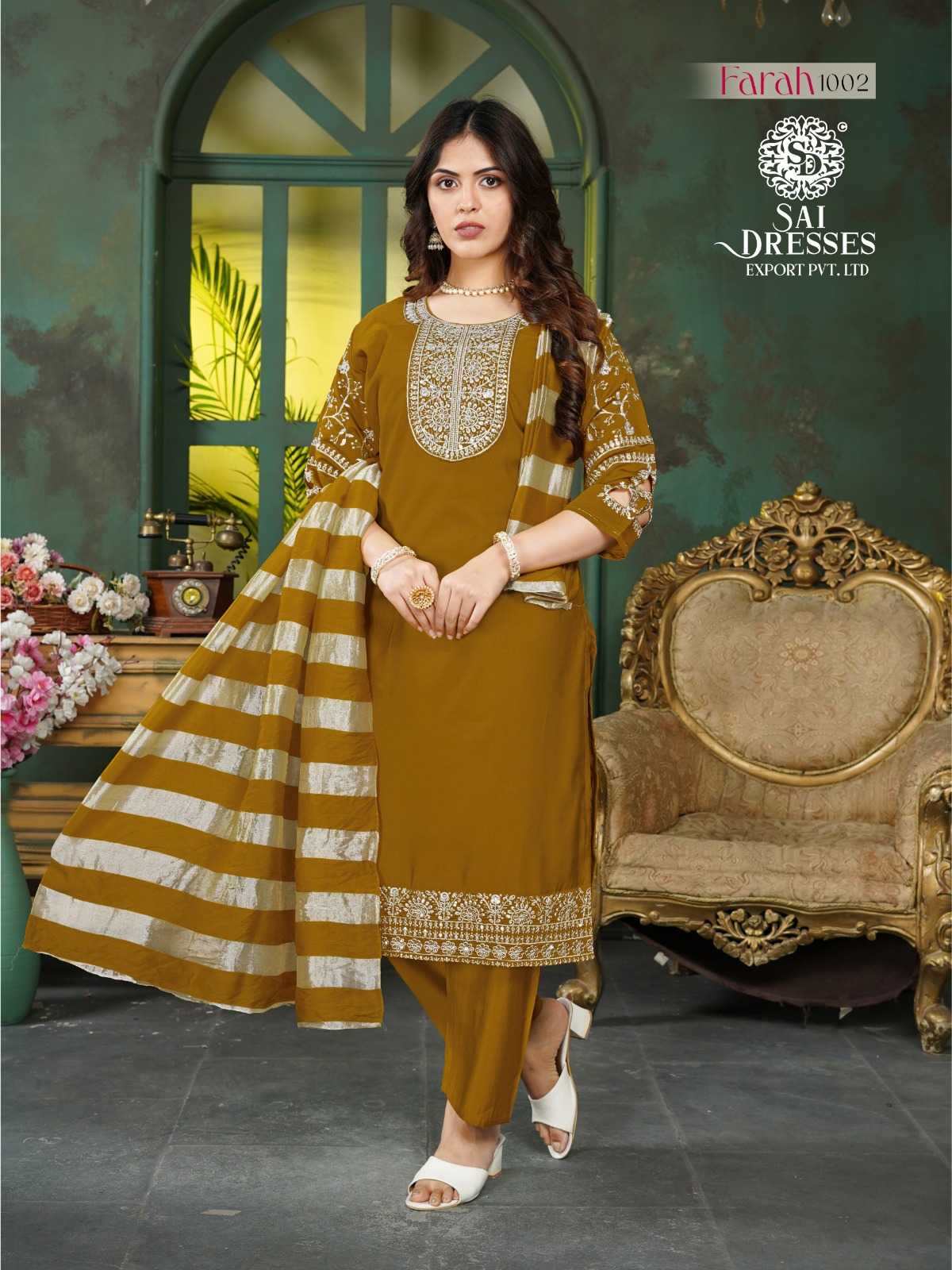 ROMAN SHIMMER MUSTARD KURTA SET WITH ELEGANT SEQUENCE EMBROIDERY & STRIPED DUPATTA