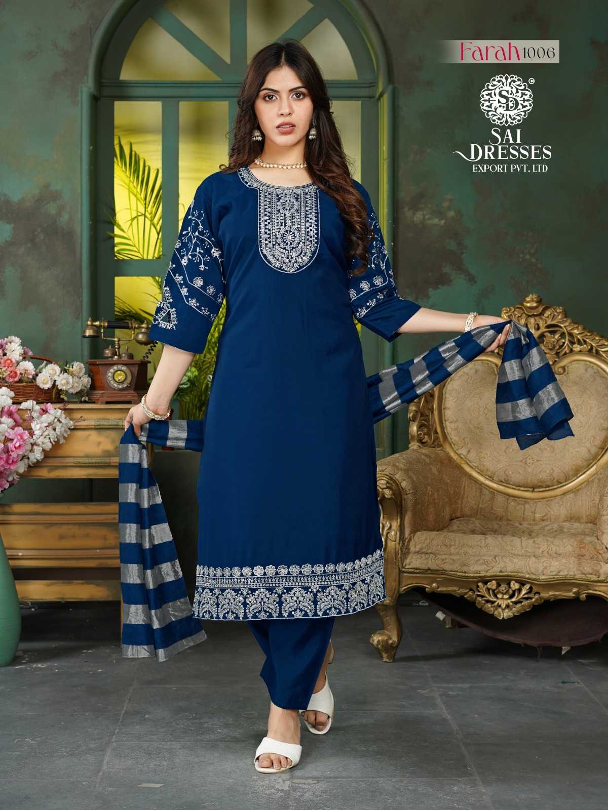 ROMAN SHIMMER NAVY BLUE KURTA SET WITH PREMIUM SEQUENCE EMBROIDERY & STRIPED DUPATTA
