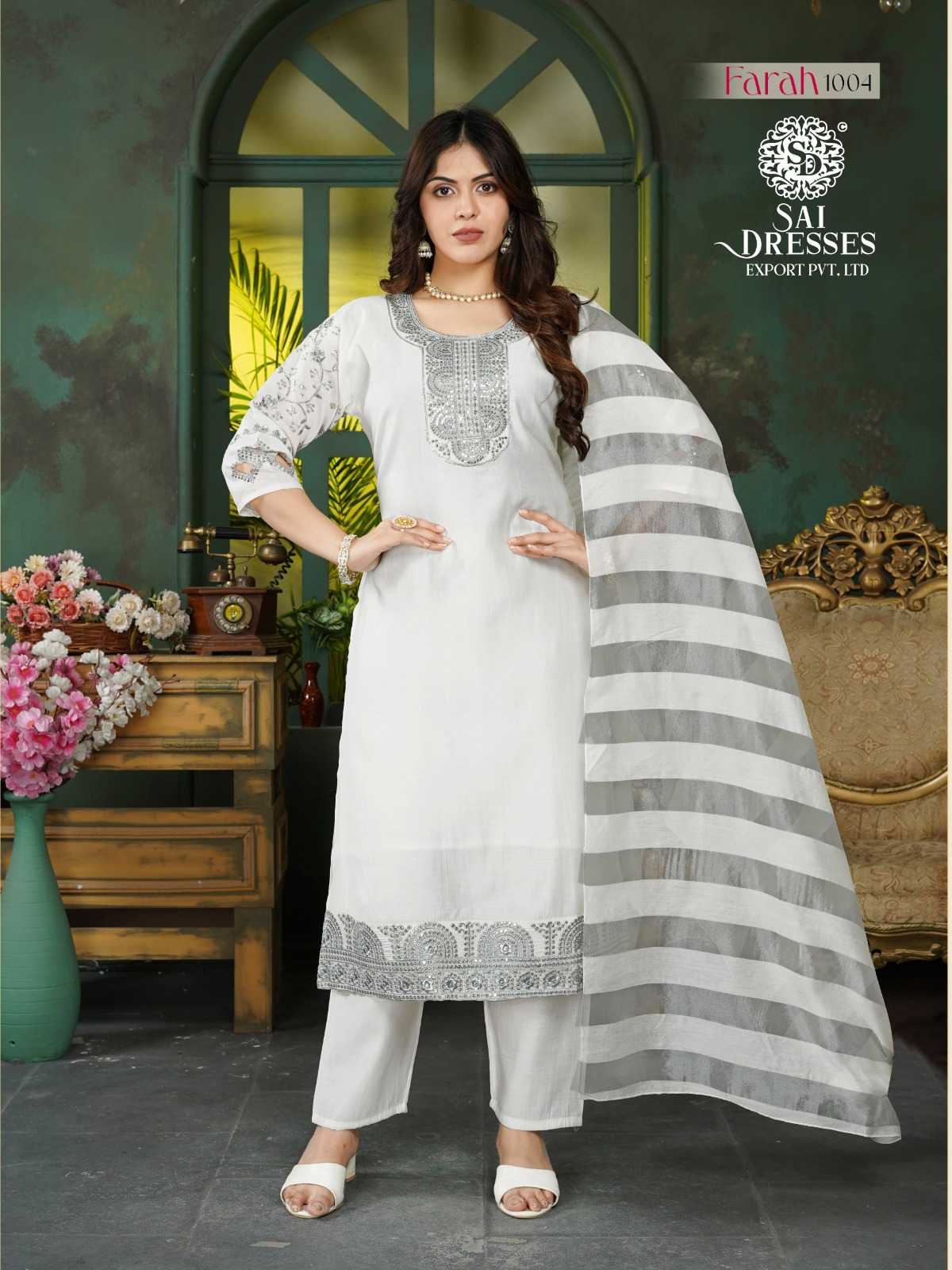 ROMAN SHIMMER OFF WHITE KURTA SET WITH CLASSIC SEQUENCE WORK & ELEGANT STRIPED DUPATTA