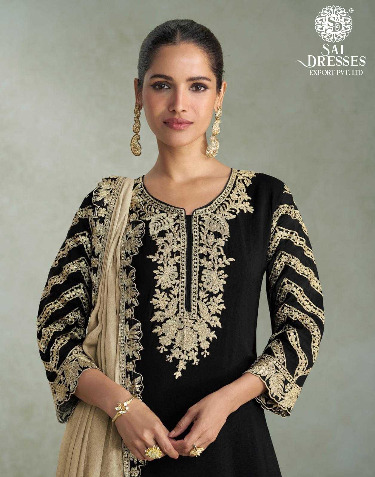 ROYAL ETHNIC WEAR COLLECTION IN PURE REAL CHINON SILK FABRIC IN BRIGE AND BLACK