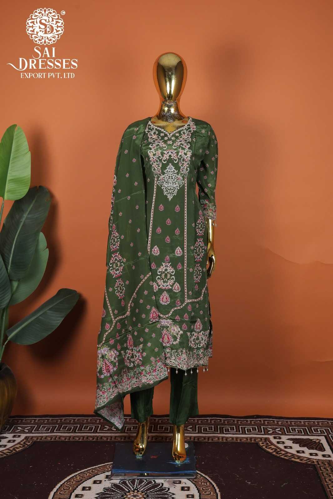 ROYAL PURE NATURAL CREPE HEAVY EMBROIDERED KURTI WITH MATCHING PANTS & DUPATTA – DEEP BOTTLE GREEN COLOUR