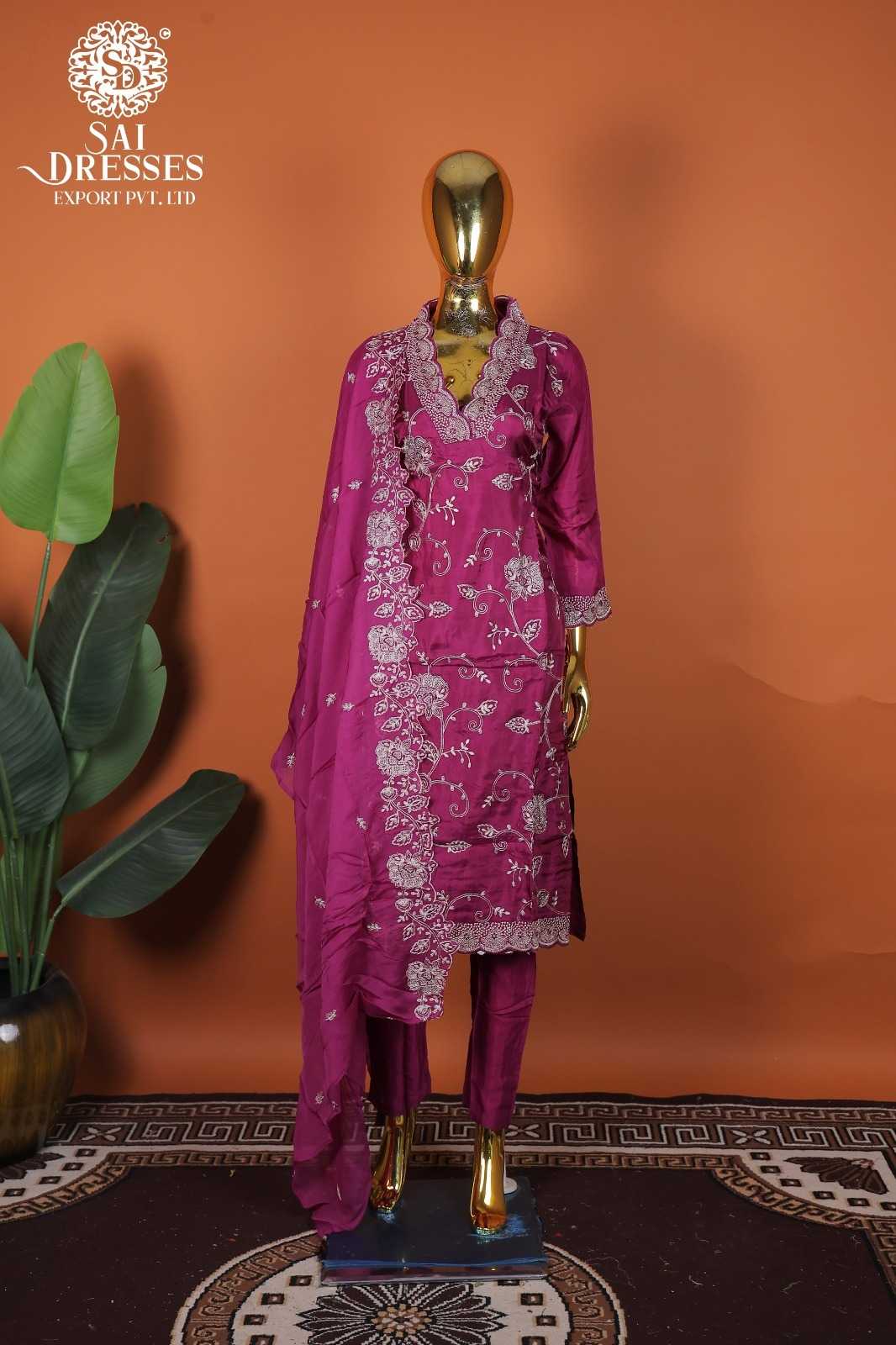 RUBY PINK PREMIUM PURE DOLLA SILK HEAVY EMBROIDERED KURTI WITH MATCHING PANTS & DUPATTA