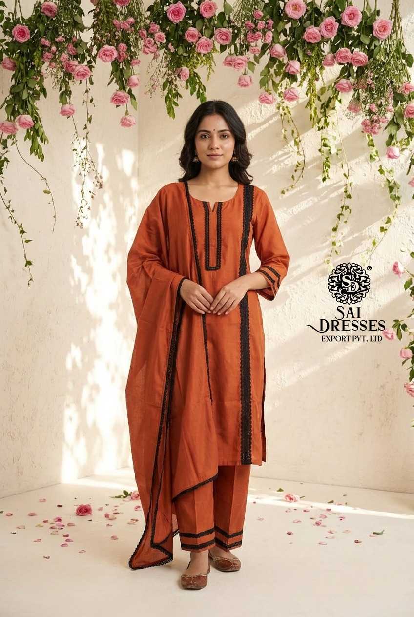 RUST ROMAN SILK DESIGNER SUIT WITH HEAVY GPO LACE BORDER AND DUPATTA