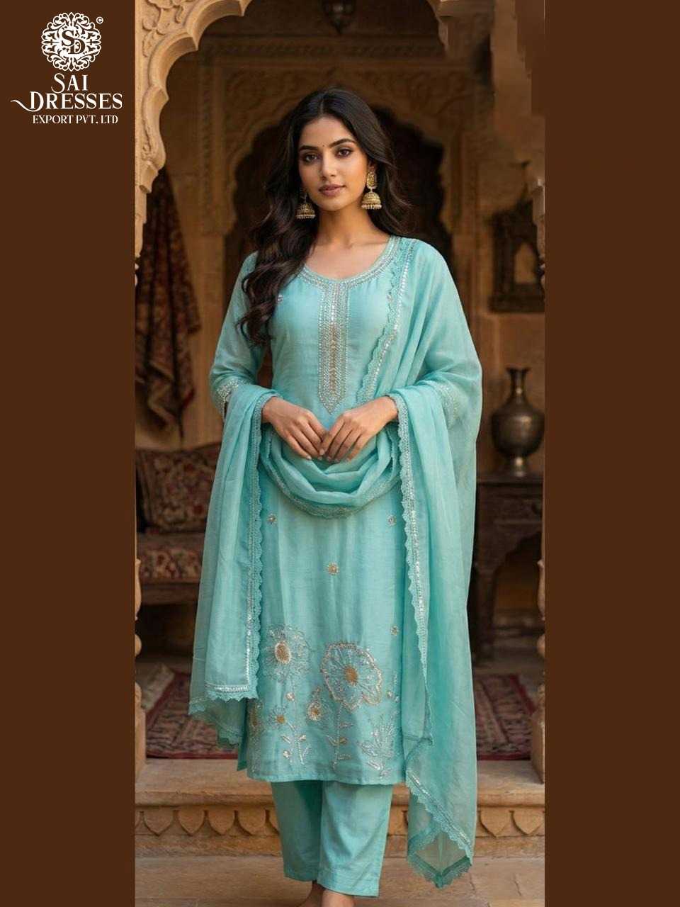SEA GREEN CRUNCHY FABRIC HAND WORK DESIGNER LADIES SUIT WITH DUPATTA